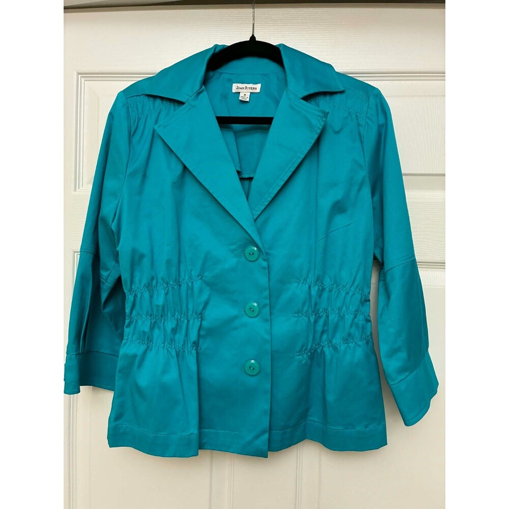 Joan Rivers Teal Stretch Jacket M 3/4 Sleeve Button Front‎ Waist Detail